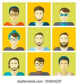Vector set flat design icons. Stylish handsome hipster boys in modern and creative style. Website avatar symbols. Woman web media icons collection.