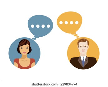 Vector set flat design icons of various faces. Male and female avatar icons with speech bubbles conceptual of client services and communication. Web site avatar symbols. Vector 10 EPS