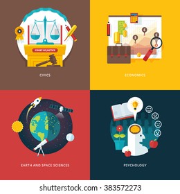 Vector set of flat design illustration concepts for civics study, economics, earth and space sciences, psychology . Education and knowledge ideas. Concepts for web banner and promotional material. 