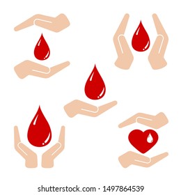 Vector set flat design medical graphic logo design. Handbreadth around red blood drop, around heart with blood drop inside isolated on white background. Blood donation day and save life concept. 