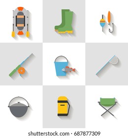 Vector set in flat design with shadow. Symbol with equipment for fishing. For Web sites, print and applications, vector illustration