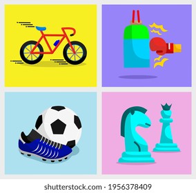 vector set of flat design style sports icons, bicycle racing, boxing practice, football and chess,