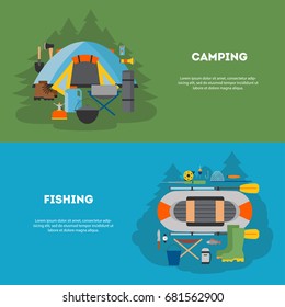 Vector set in flat design. Summer horizontal banners with equipment for camping and fishing. For Web sites, print and applications, vector illustration