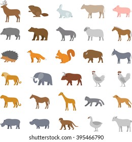 Vector set of flat domestic and wild animals isolated on white background.