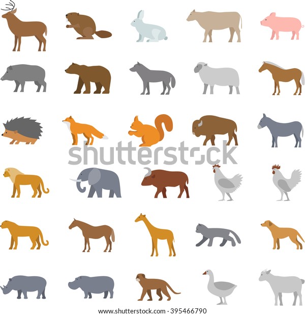 Vector Set Flat Domestic Wild Animals Stock Vector (Royalty Free ...