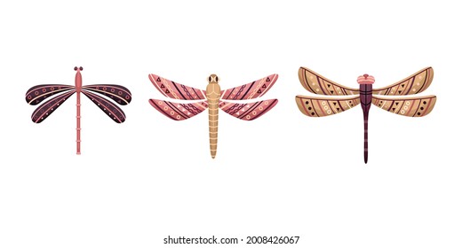 Vector set of flat dragonflies in boho style. Flat illustration.