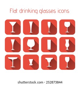 Vector set of flat drinking glasses icons with long shadow effect. 