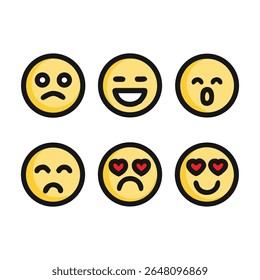 Vector set of flat emoji faces showing various emotions including sadness, joy, love, and surprise. Ideal for UI design, social apps, mental health, and communication graphics.
