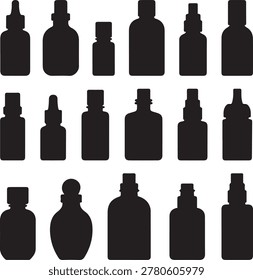 Vector set of flat essence oil bottle silhouette isolated. logo Vector Black silhouettes
