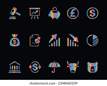 Conjunto de vectores de iconos planos de Finanzas sobre fondo blanco.