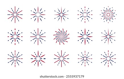 A vector set of flat fireworks with flashes, salutes, and sparkles isolated on a white background. It is ideal for celebrating festivals or holidays with colorful bursts and festive pyrotechnics.