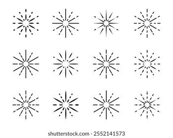 Um conjunto vetorial de ícones planos de fogos de artifício em um fundo branco com rajadas, flashes e brilhos. Perfeito para festivais, aniversários e feriados. Ideal para banners, cartazes e cartões de felicitações.