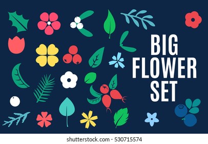 Vector set of flat flowers, leaves and berries icons silhouette isolated pattern. Cute bright color design for stickers, labels, tags, gift wrapping paper, greeting cards, posters and banner design