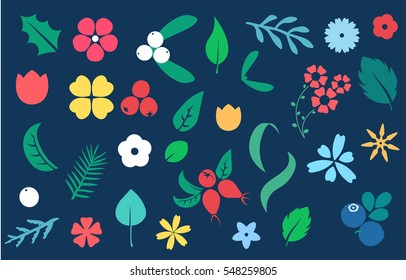 Vector set of flat flowers, leaves and berries icons silhouette isolated pattern. Cute bright color design for stickers, labels, tags, gift wrapping paper, greeting cards, posters and banner design