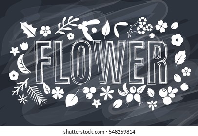 Vector set of flat flowers, leaves and berries icons silhouette isolated on black pattern. Cute white design for stickers, labels, tags, gift wrapping paper, greeting cards, posters and banner design