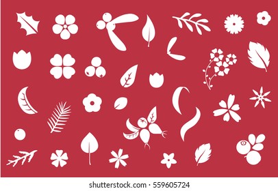 Vector set of flat flowers, leaves and berries icons silhouette isolated pattern. Cute bright color design for stickers, labels, tags, cards and banner design