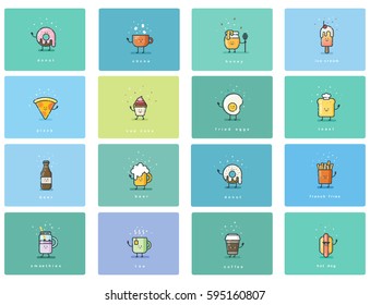 Vector Set Of Flat Food Icons, Cute Cartoon Characters, Street Fast Food Menu 