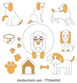 Vector set of flat funny outline cartoon dogs and objects - illustration in two colors