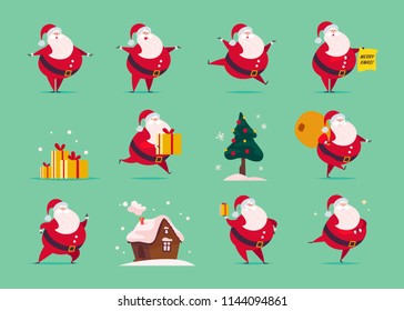 Vector set of flat funny Santa Claus character isolated on green background - stand, carry presents bag, hold gift box, jump, walk, smile. Fir tree, gingerbread house. Card, banner, web, animation etc