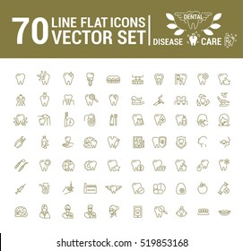 Vector set of flat graphic icon, line, contour, thin design. Dental, dentist. Element, emblem, symbol, logo. Disease, care, dental treatment. Prosthetics, teeth whitening, removal. Web site.