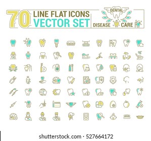 Vector set. Flat graphic icon, line, contour, thin design. Dental, dentist. Element, emblem, symbol, logo. Disease, care, dental, diagnostics, treatment. Prosthetics, whitening, removal. Web site.