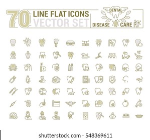 Vector set of flat graphic icon, line, contour, thin design. Dental, dentist. Element, emblem, symbol, logo. Disease, care, dental treatment. Prosthetics, teeth whitening, removal. Web site.