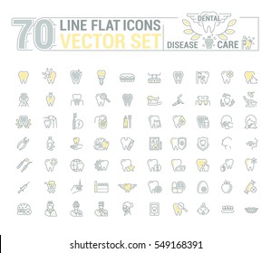 Vector set of flat graphic icon, line, contour, thin design. Dental, dentist. Element, emblem, symbol, logo. Disease, care, dental treatment. Prosthetics, teeth whitening, removal. Web site.