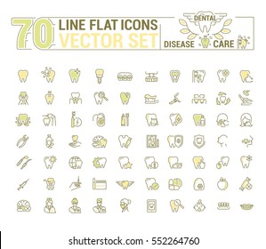 Vector set of flat graphic icon, line, contour, thin design. Dental, dentist. Element, emblem, symbol, logo. Disease, care, dental treatment. Prosthetics, teeth whitening, removal. Web site.