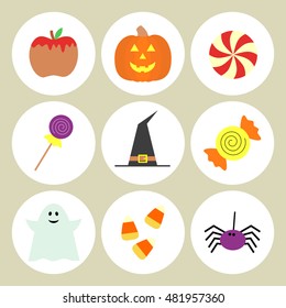 Vector set with flat halloween elements: candy, pumpkin, caramel apple, witch hat, corn, ghost and spider