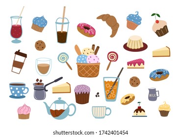 Vector set of flat hand drawn sweets and drinks.  