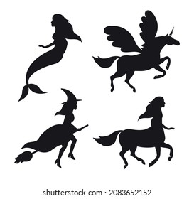 Vector set of flat hand drawn fairy mystical characters silhouette isolated on white background