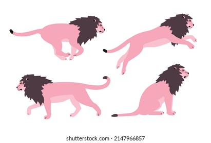 Vector set of flat hand drawn pink lions isolated on white background