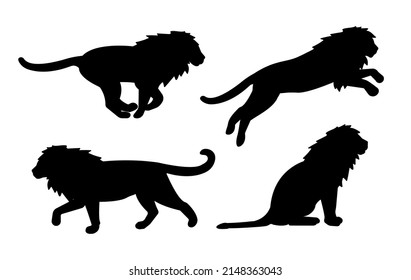 Vector set of flat hand drawn lions silhouette isolated on white background