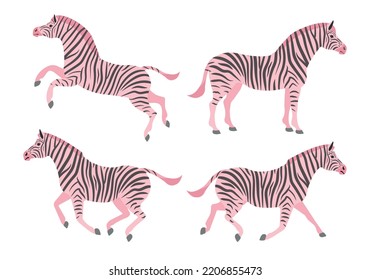 Vector set of flat hand drawn pink zebra isolated on white background