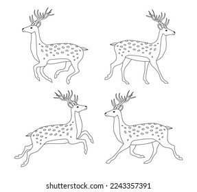 Vector set of flat hand drawn outline deer isolated on white background
