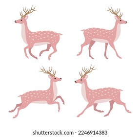 Vector set of flat hand drawn pink deer isolated on white background