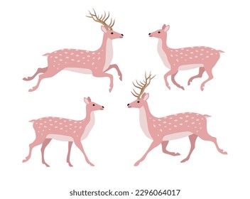Vector set of flat hand drawn pink deer isolated on white background