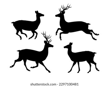 Vector set of flat hand drawn deer silhouette isolated on white background