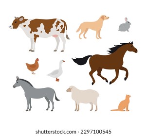 Vector set of flat hand drawn domestic animals isolated on white background
