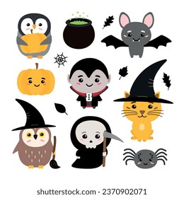 Vector set of flat hand drawn Halloween characters isolated on white background