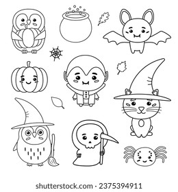 Vector set of flat hand drawn outline Halloween characters isolated on white background