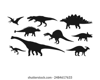 Vector set of flat hand drawn dinosaurs silhouette isolated on white background