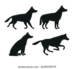 Vector set of flat hand drawn shepherd dog silhouette isolated on white background