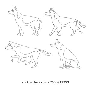 Vector set of flat hand drawn outline shepherd dog isolated on white background