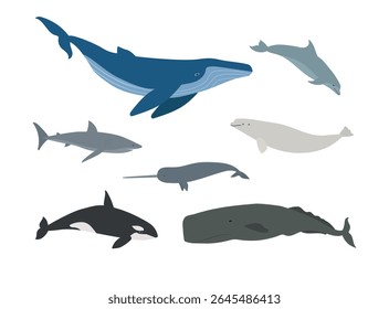 Vector set of flat hand drawn whales isolated on white background
