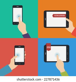 Vector set of flat hand icons holding phone. Vector illustration