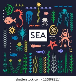 Vector set of flat hand-drawn sea creatures and weeds.