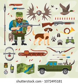 Vector set of flat hunter and hunting elements with dog, duck, weapon, pickup, walkie talkie, equipment and ammunition.