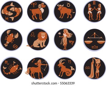 A vector set of flat icon zodiac signs. Zodiac signs collection, Aries, Taurus, Gemini, Cancer, Leo, Virgo, Libra, Scorpio, Sagittarius, Capricorn, Aquarius, Pisces. Horoscope