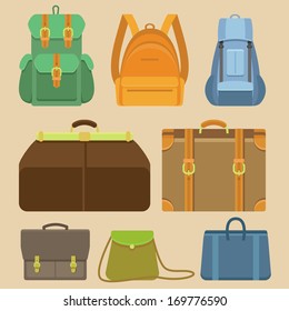 Vector set of flat icons - bags, backpacks and cases